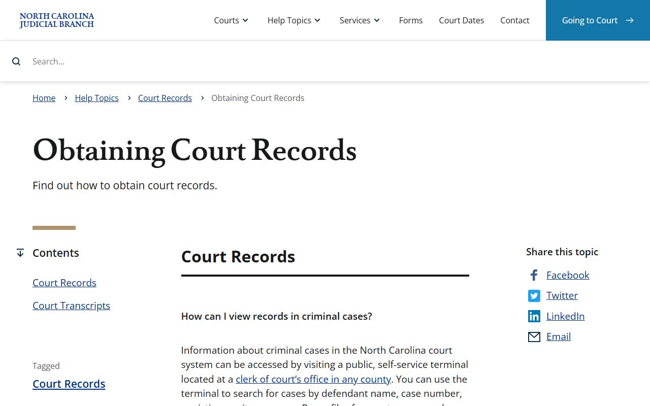 North Carolina Judicial Branch court records guidance page