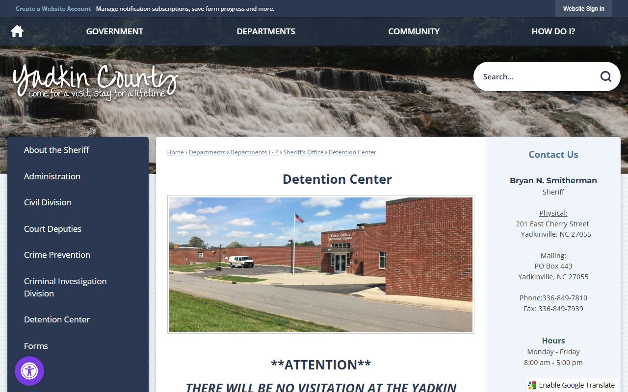 Yadkin County Detention Center official county webpage
